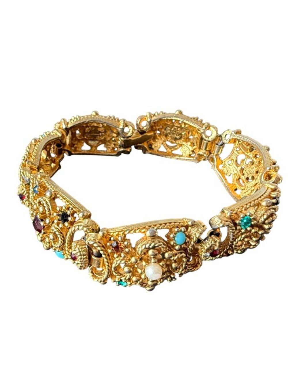 Vintage Gold-Tone Filigree Bracelet With Multicolor Gemstone Accents & Faux Pear